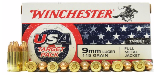 Winchester USA Target & Practice 9mm Ammo 115gr FMJ 50rd box - Brass Casing