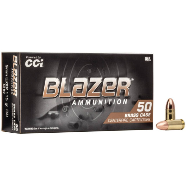 CCI Blazer Brass 9mm Ammo 115gr Full Metal Jacket 50 Round Box - Brass Casing